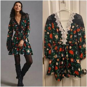 Anthropologie Lacy V-Neck Mini Dress Black Floral Long Sleeve Fit & Flare